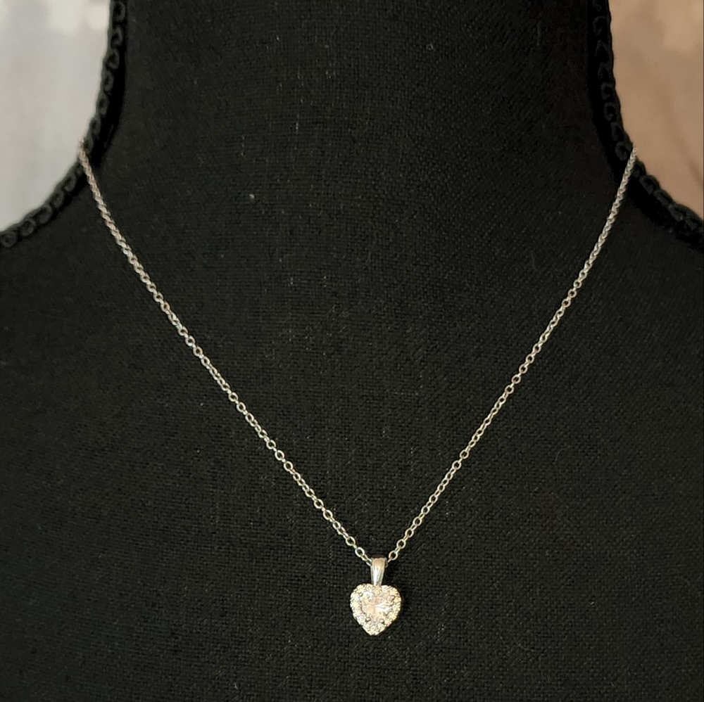 Women's silver tone rhinestone heart necklace, 16 inch